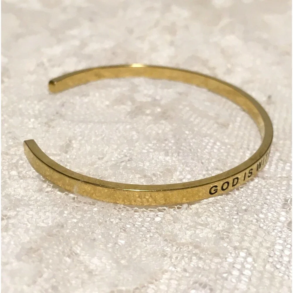 Inspirational Christian Quote Cuff Bracelet Thin Gold Tone Elegant Minimalist